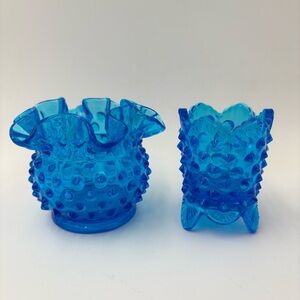 Vintage Fenton Colonial Blue Hobna Toothpick Holder & Ruffled Vase